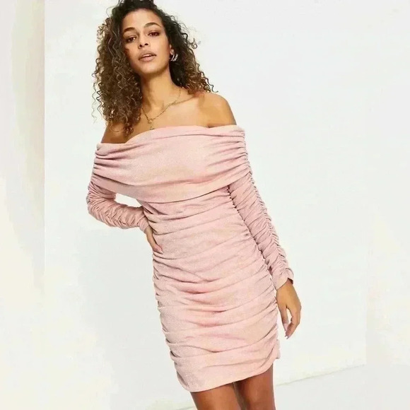Club London Long Sleeve Bardot Off Shoulder Ruched Mini Dress Pink Bodycon Sexy - Picture 1 of 11